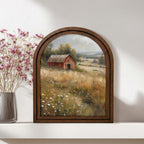 Vintage Red Barn Landscape Oil Painting Wood Frame Art, Arched Farmhouse Canvas on 3-Layer Plywood, Rustic Decor