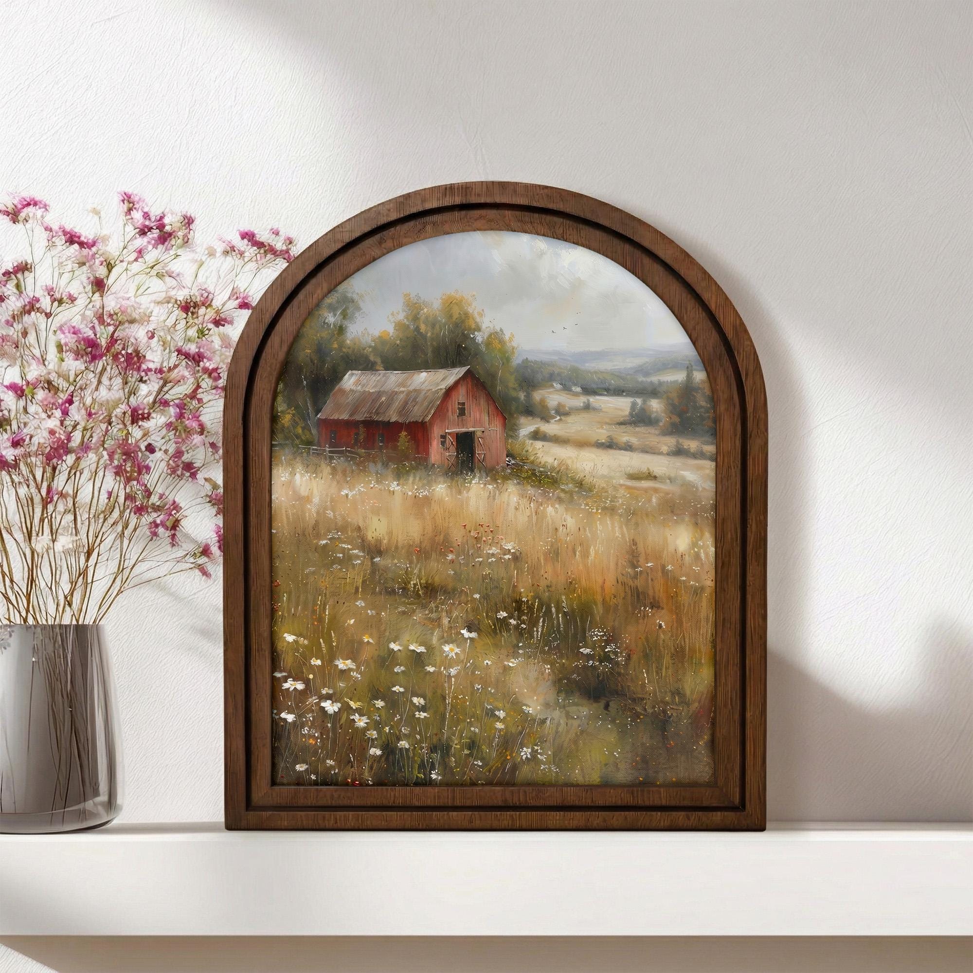 Vintage Red Barn Landscape Oil Painting Wood Frame Art, Arched Farmhouse Canvas on 3-Layer Plywood, Rustic Decor