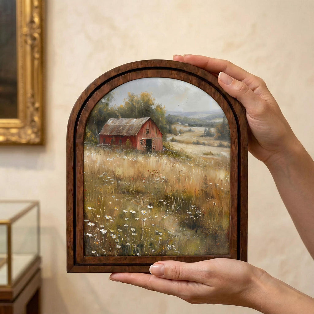 Vintage Red Barn Landscape Oil Painting Wood Frame Art, Arched Farmhouse Canvas on 3-Layer Plywood, Rustic Decor