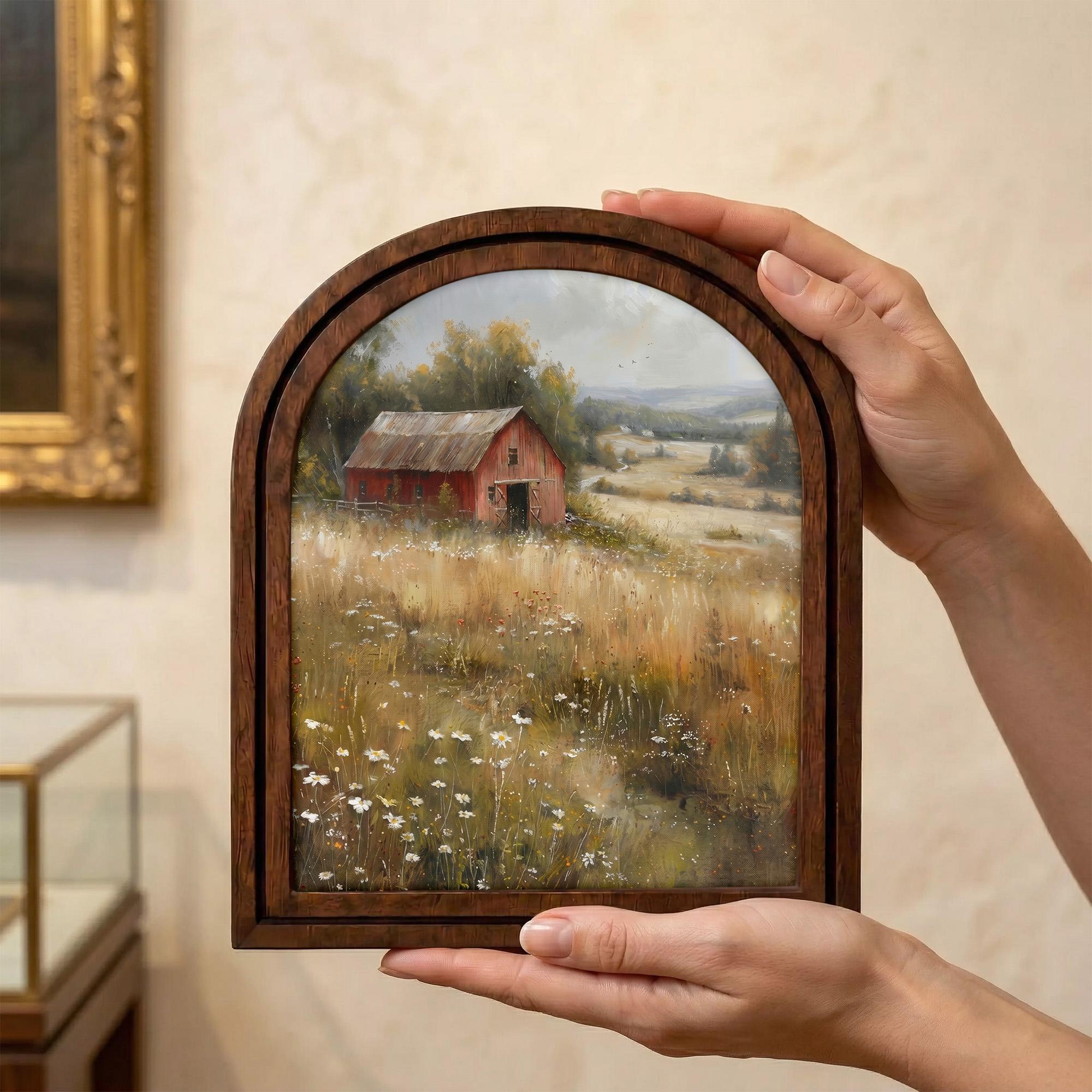 Vintage Red Barn Landscape Oil Painting Wood Frame Art, Arched Farmhouse Canvas on 3-Layer Plywood, Rustic Decor