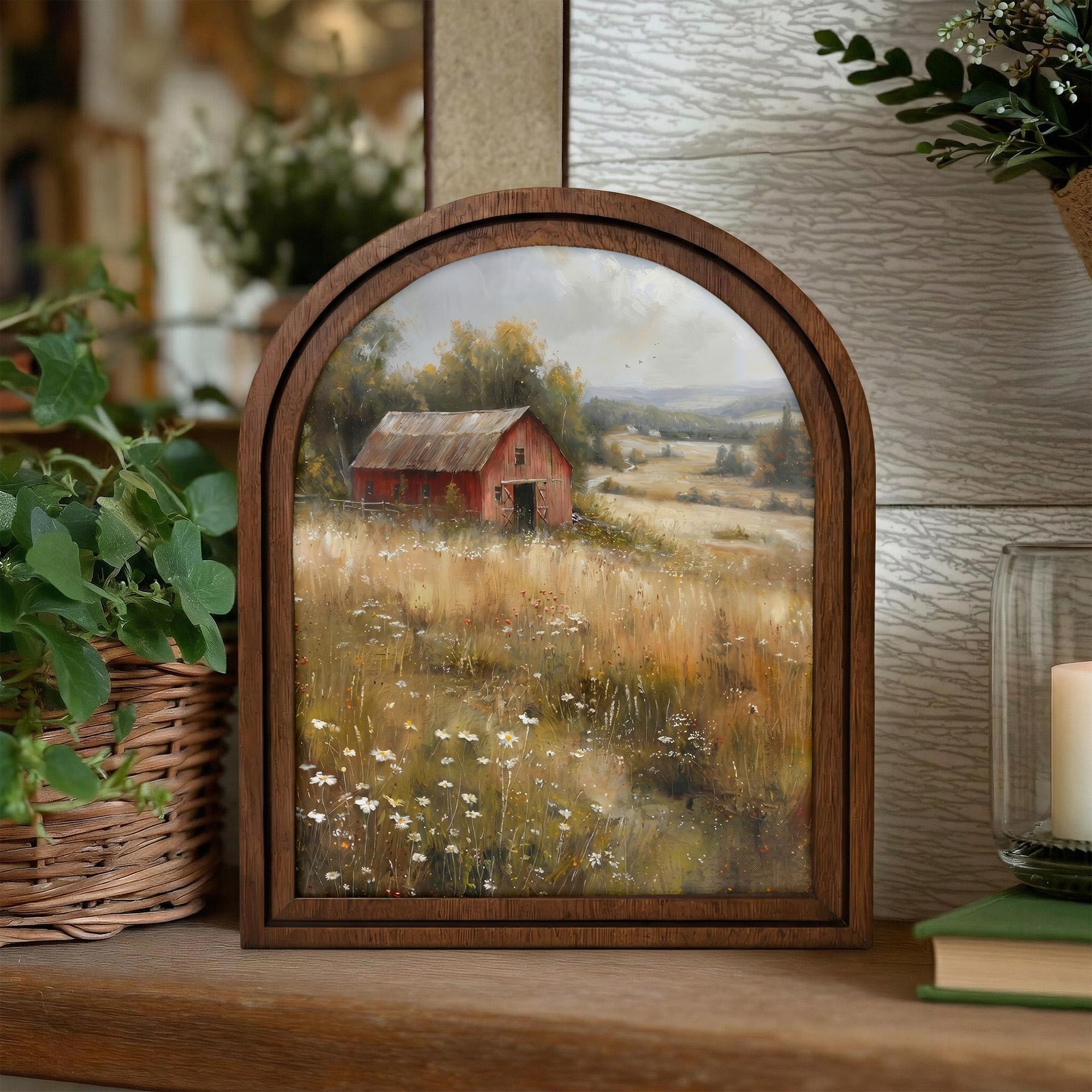 Vintage Red Barn Landscape Oil Painting Wood Frame Art, Arched Farmhouse Canvas on 3-Layer Plywood, Rustic Decor