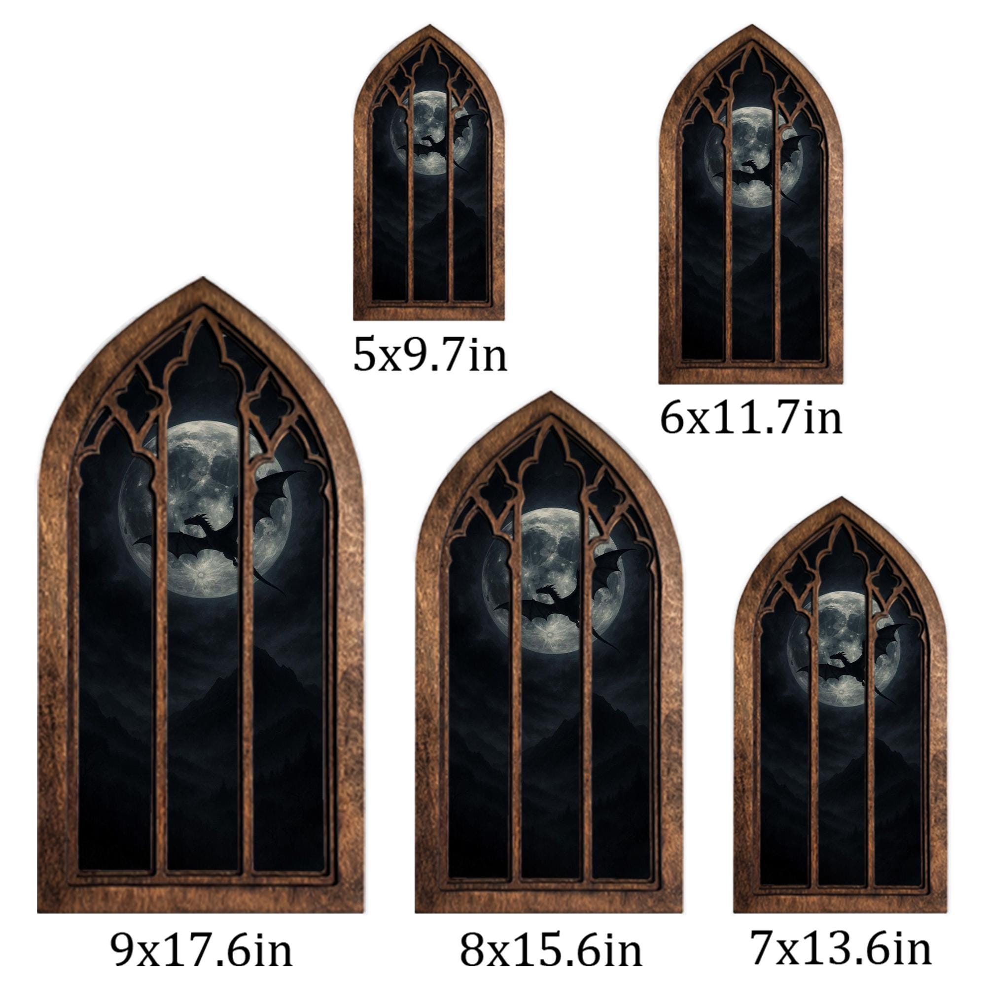 Full Moon Painting, Gothic Window Wall Art, Flying Dragon Silhouette, Cathedral Arch Frame, Dark Academia Decor, Wood Laser Cut Layer Art