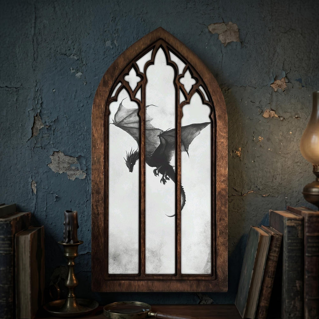 Flying Dragon Painting, Gothic Window Wall Art, Mythical Beast Decor, Cathedral Arch Frame, Dark Academia Print, Wood Laser Cut Layered Art