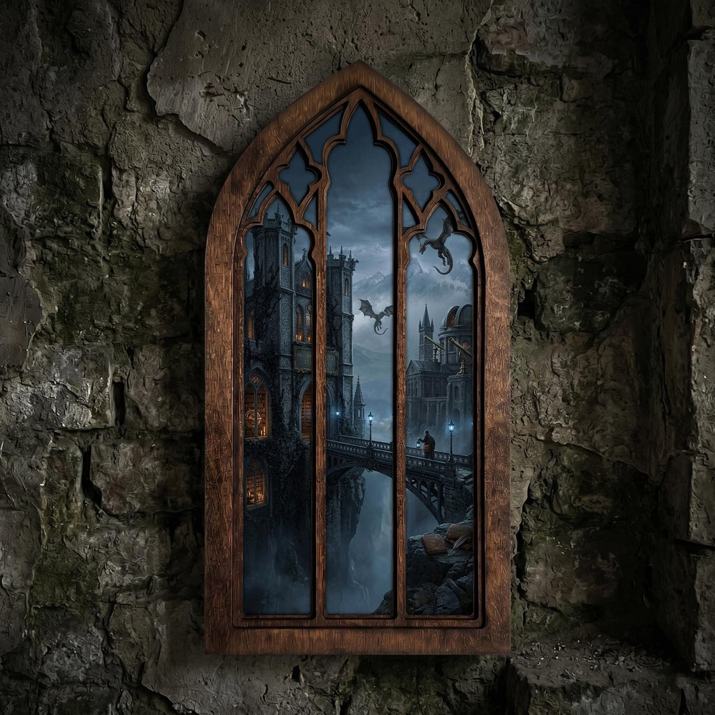 Wizard Academy Print, Gothic Window Wall Art, Magical Castle Painting, Cathedral Arch Frame, Dark Academia Decor, Wood Laser Cut Layered Art