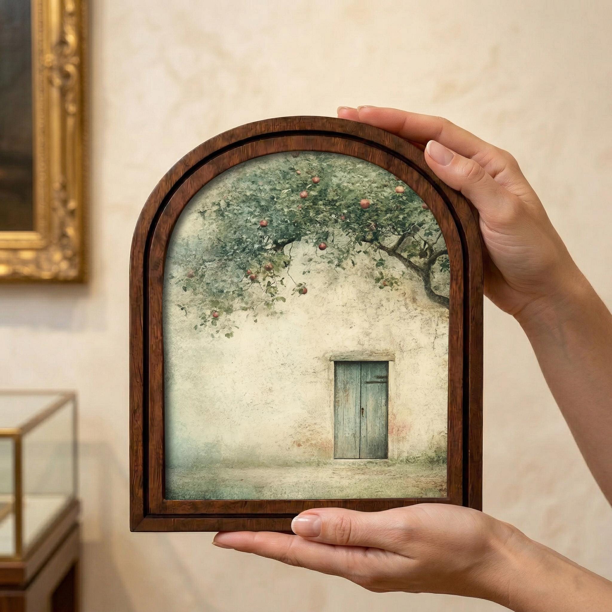 Tuscan Apple Tree Oil Painting Wood Arch Frame, Italian Cottage Wall Art, Rustic Apple Orchard Canvas Print, Mediterranean Home Decor Gift