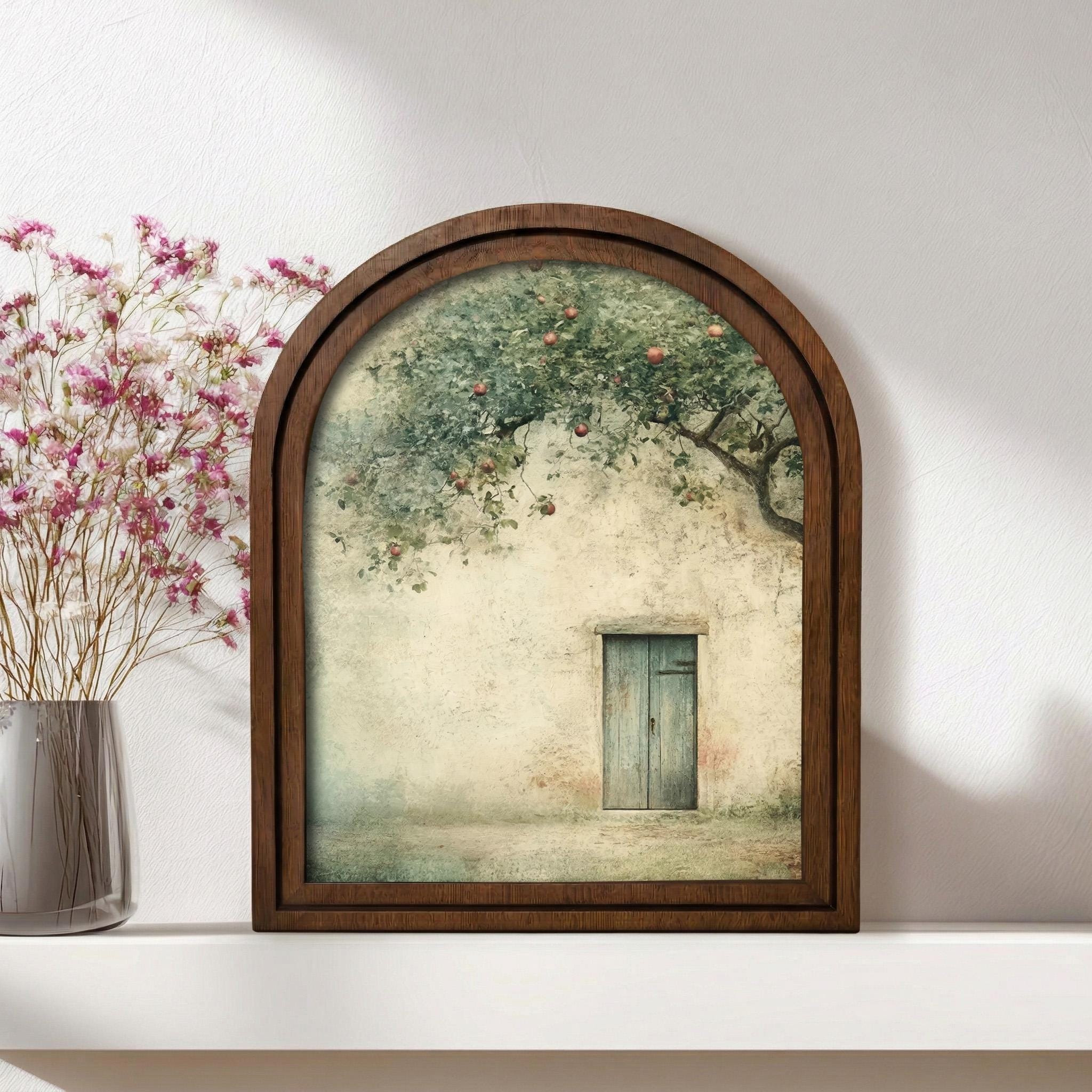 Tuscan Apple Tree Oil Painting Wood Arch Frame, Italian Cottage Wall Art, Rustic Apple Orchard Canvas Print, Mediterranean Home Decor Gift
