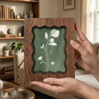 Sage Green Floral Wood Picture Frame, Scalloped Plywood Wall Decor, Wavy Border Botanical Art Frame, Minimalist Nature Gift