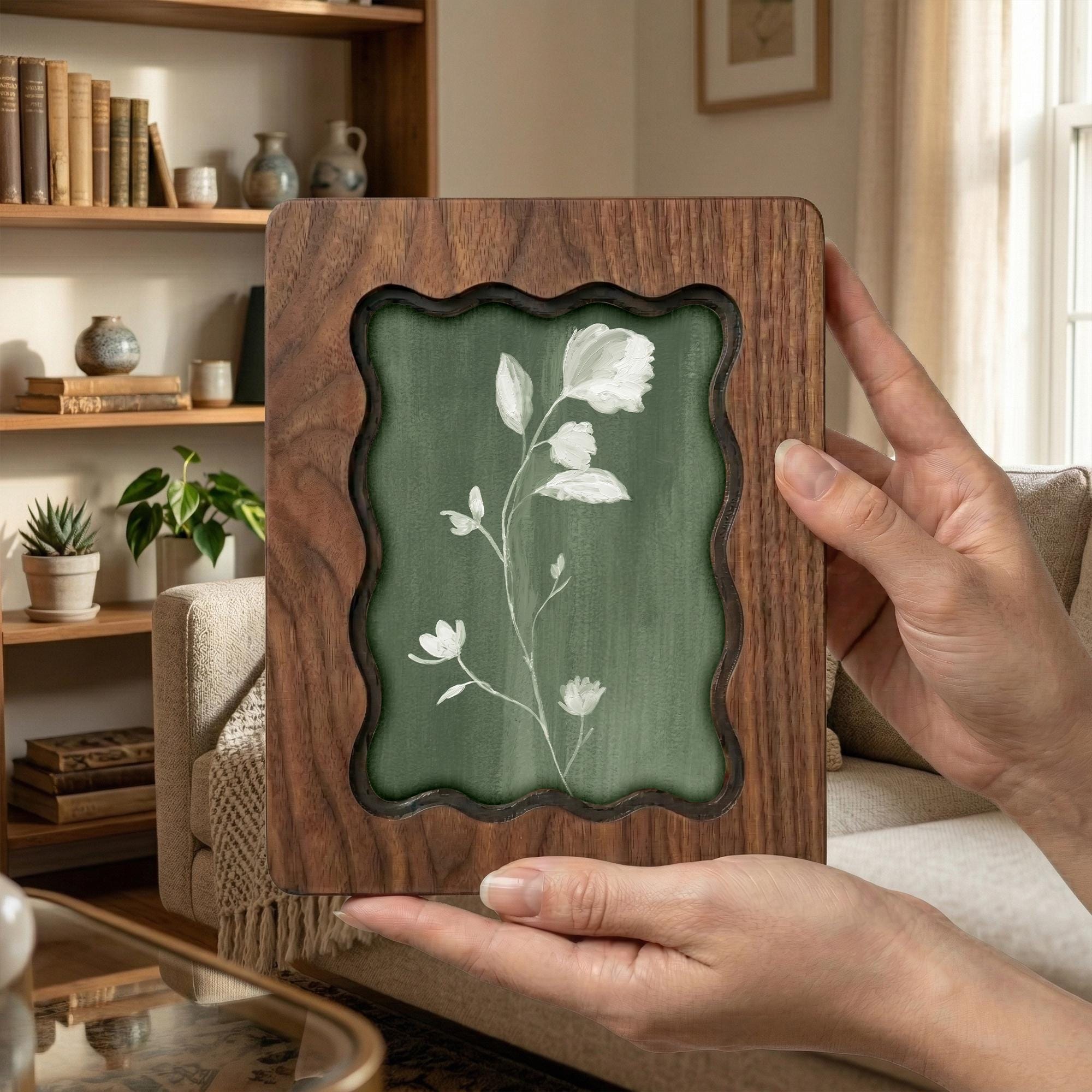 Sage Green Floral Wood Picture Frame, Scalloped Plywood Wall Decor, Wavy Border Botanical Art Frame, Minimalist Nature Gift