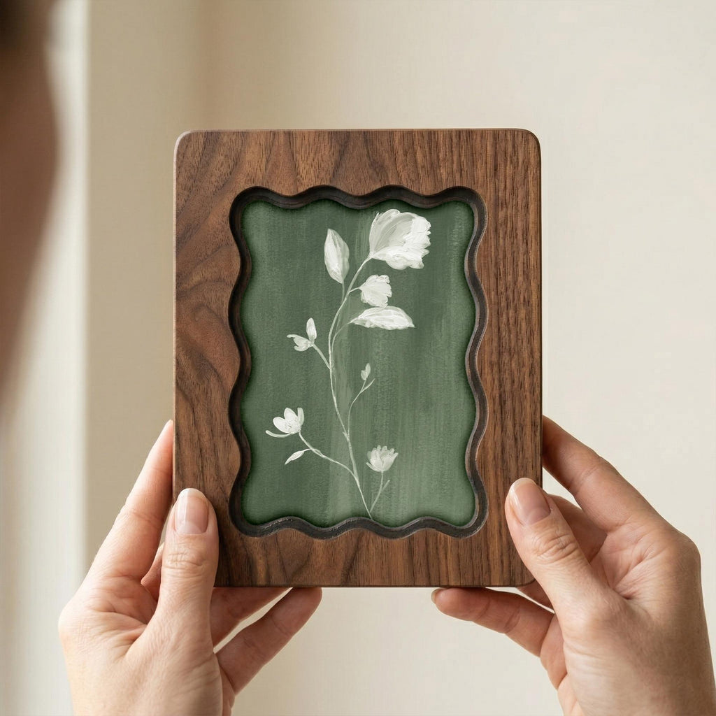 Sage Green Floral Wood Picture Frame, Scalloped Plywood Wall Decor, Wavy Border Botanical Art Frame, Minimalist Nature Gift