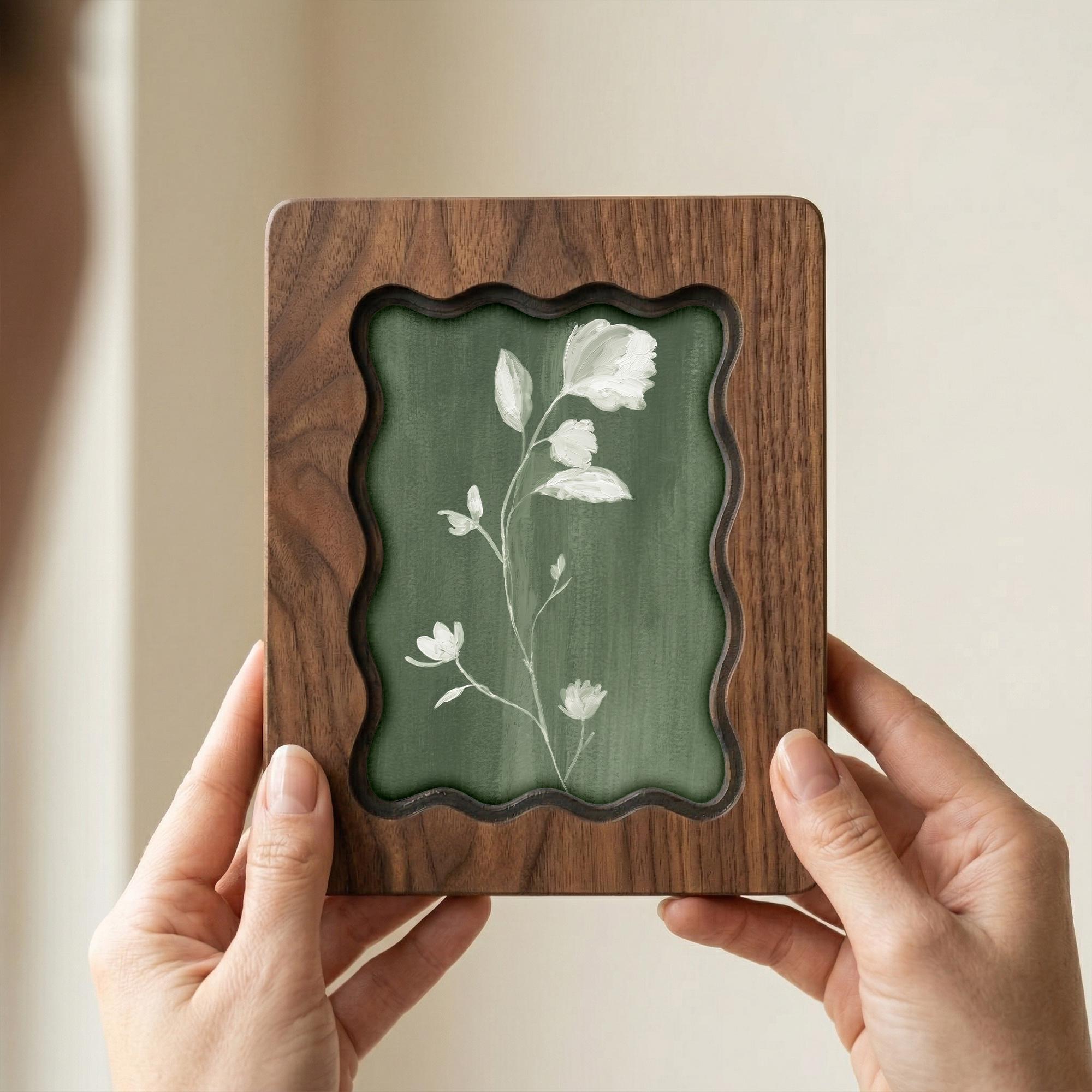Sage Green Floral Wood Picture Frame, Scalloped Plywood Wall Decor, Wavy Border Botanical Art Frame, Minimalist Nature Gift