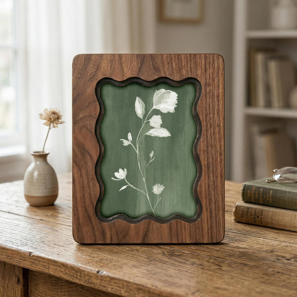 Sage Green Floral Wood Picture Frame, Scalloped Plywood Wall Decor, Wavy Border Botanical Art Frame, Minimalist Nature Gift