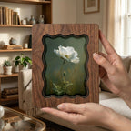 White Poppy Floral Wood Picture Frame, Scalloped Plywood Wall Art, Wavy Border Botanical Decor, Vintage Nature Print 7x9 9x11 11x14 14x18