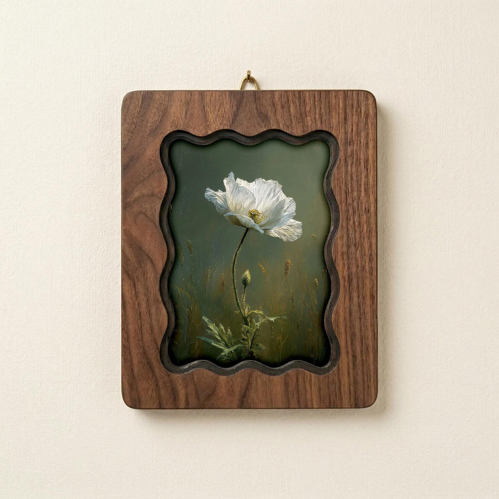 White Poppy Floral Wood Picture Frame, Scalloped Plywood Wall Art, Wavy Border Botanical Decor, Vintage Nature Print 7x9 9x11 11x14 14x18