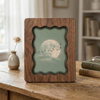 Full Moon and Birds Wood Picture Frame, Scalloped Plywood Wall Art, Wavy Border Celestial Decor, Nature Lover Gift, Night Sky Art