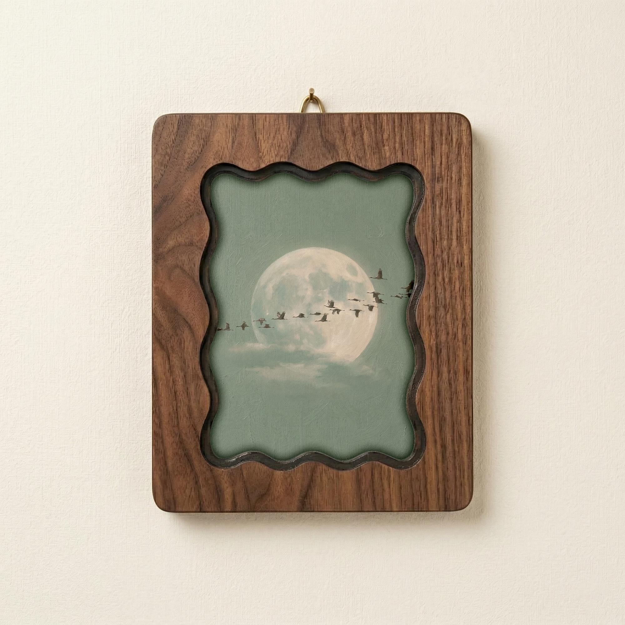 Full Moon and Birds Wood Picture Frame, Scalloped Plywood Wall Art, Wavy Border Celestial Decor, Nature Lover Gift, Night Sky Art