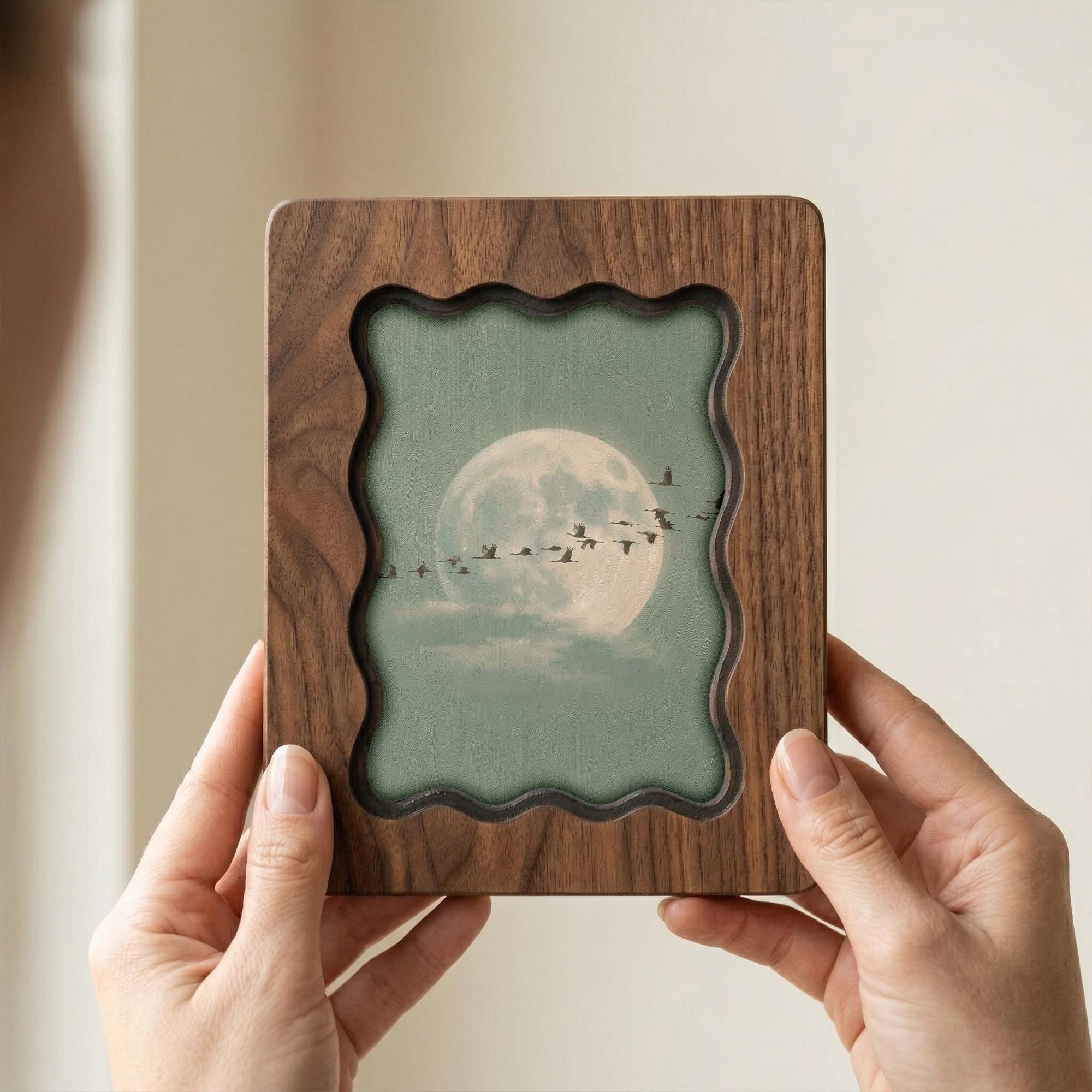 Full Moon and Birds Wood Picture Frame, Scalloped Plywood Wall Art, Wavy Border Celestial Decor, Nature Lover Gift, Night Sky Art