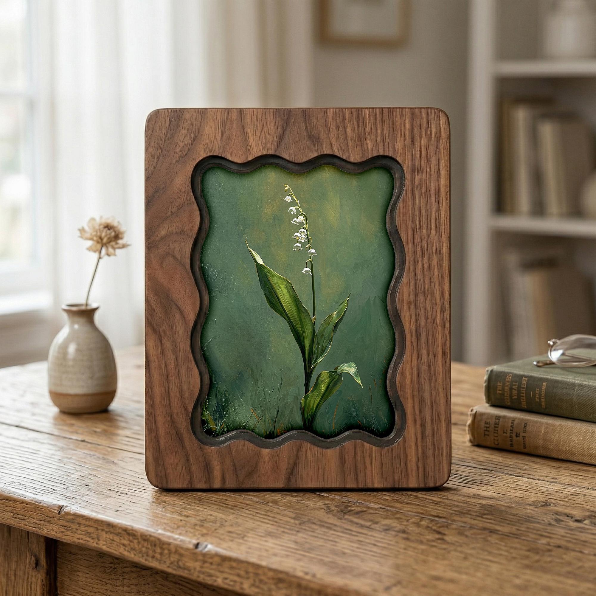 Lily of the Valley Wood Picture Frame, Scalloped Plywood Wall Decor, Wavy Border Botanical Art, May Birth Flower Gift 7x9 9x11 11x14 14x18