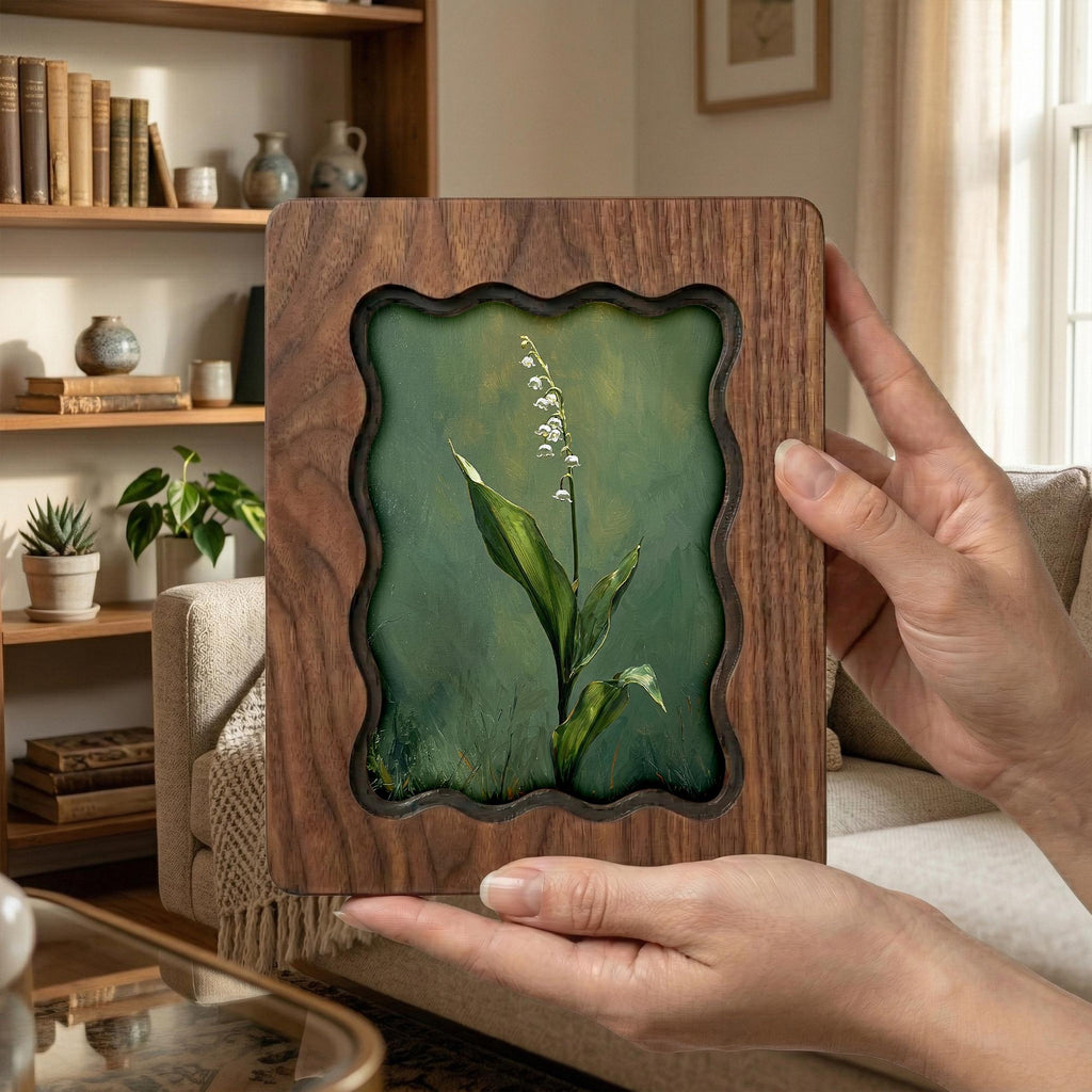 Lily of the Valley Wood Picture Frame, Scalloped Plywood Wall Decor, Wavy Border Botanical Art, May Birth Flower Gift 7x9 9x11 11x14 14x18