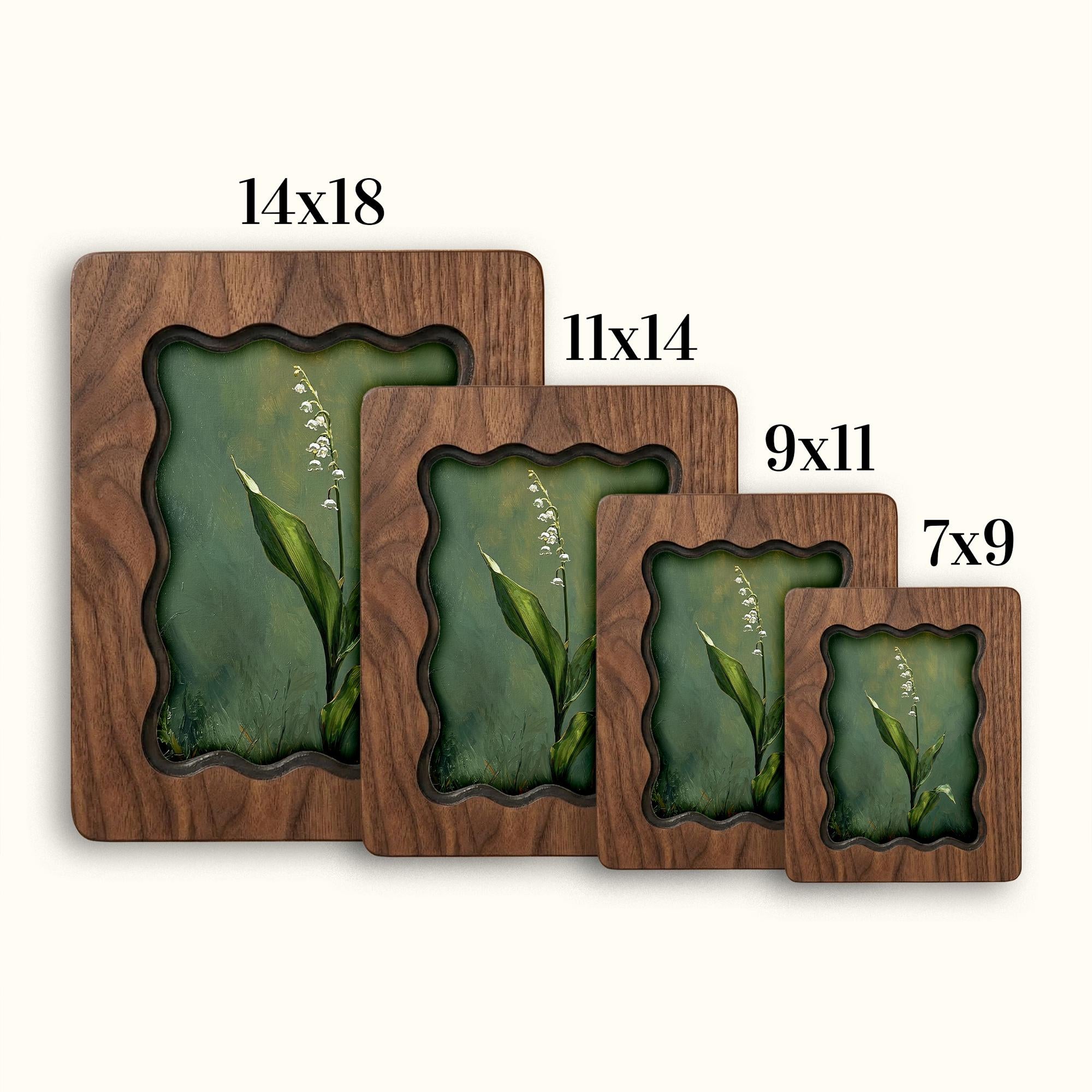 Lily of the Valley Wood Picture Frame, Scalloped Plywood Wall Decor, Wavy Border Botanical Art, May Birth Flower Gift 7x9 9x11 11x14 14x18