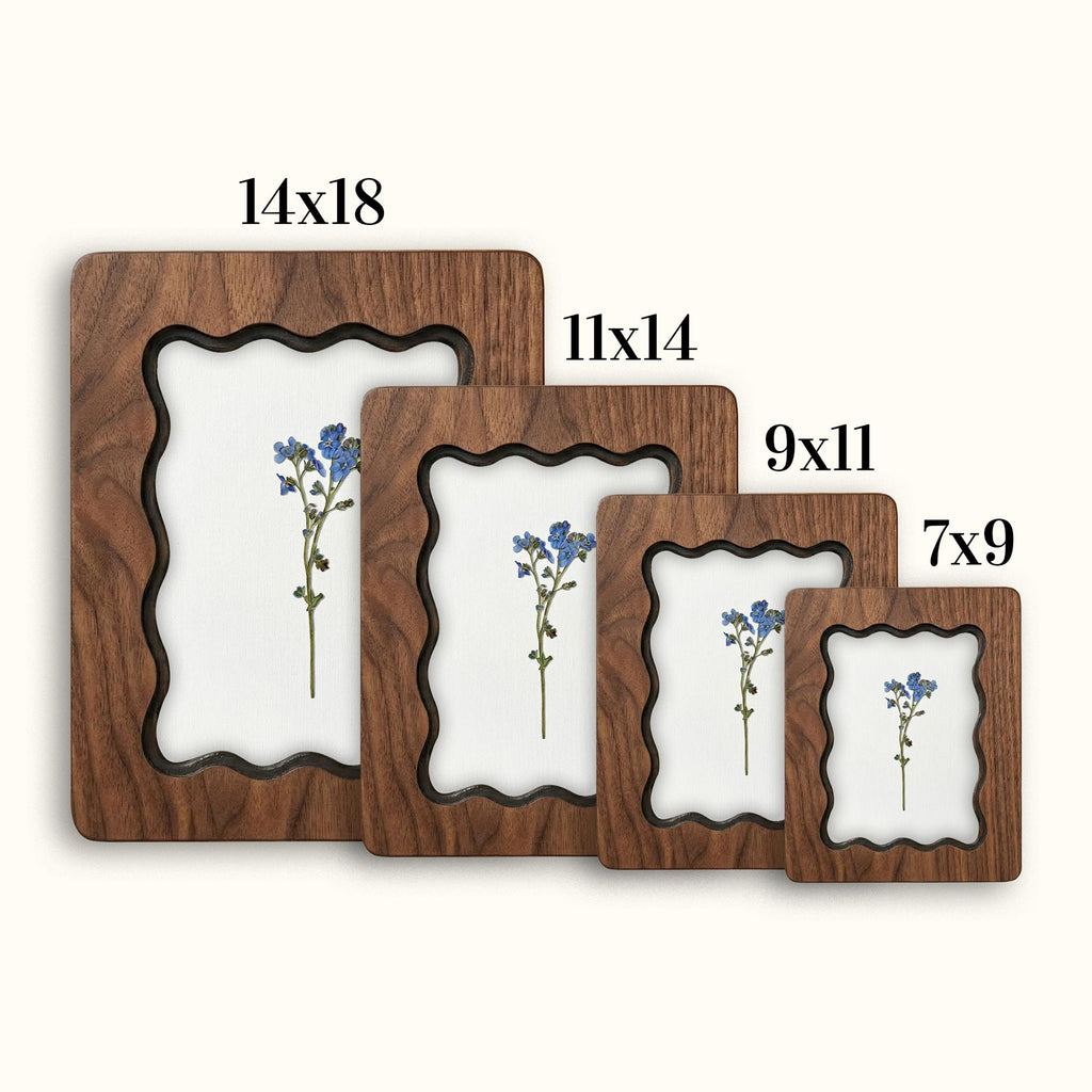Blue Forget Me Not Pressed Flower Wall Art, Scalloped Walnut Plywood Frame, Botanical Wildflower Home Decor, 3-Layer Wood Floral Artwork