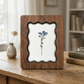 Blue Forget Me Not Pressed Flower Wall Art, Scalloped Walnut Plywood Frame, Botanical Wildflower Home Decor, 3-Layer Wood Floral Artwork