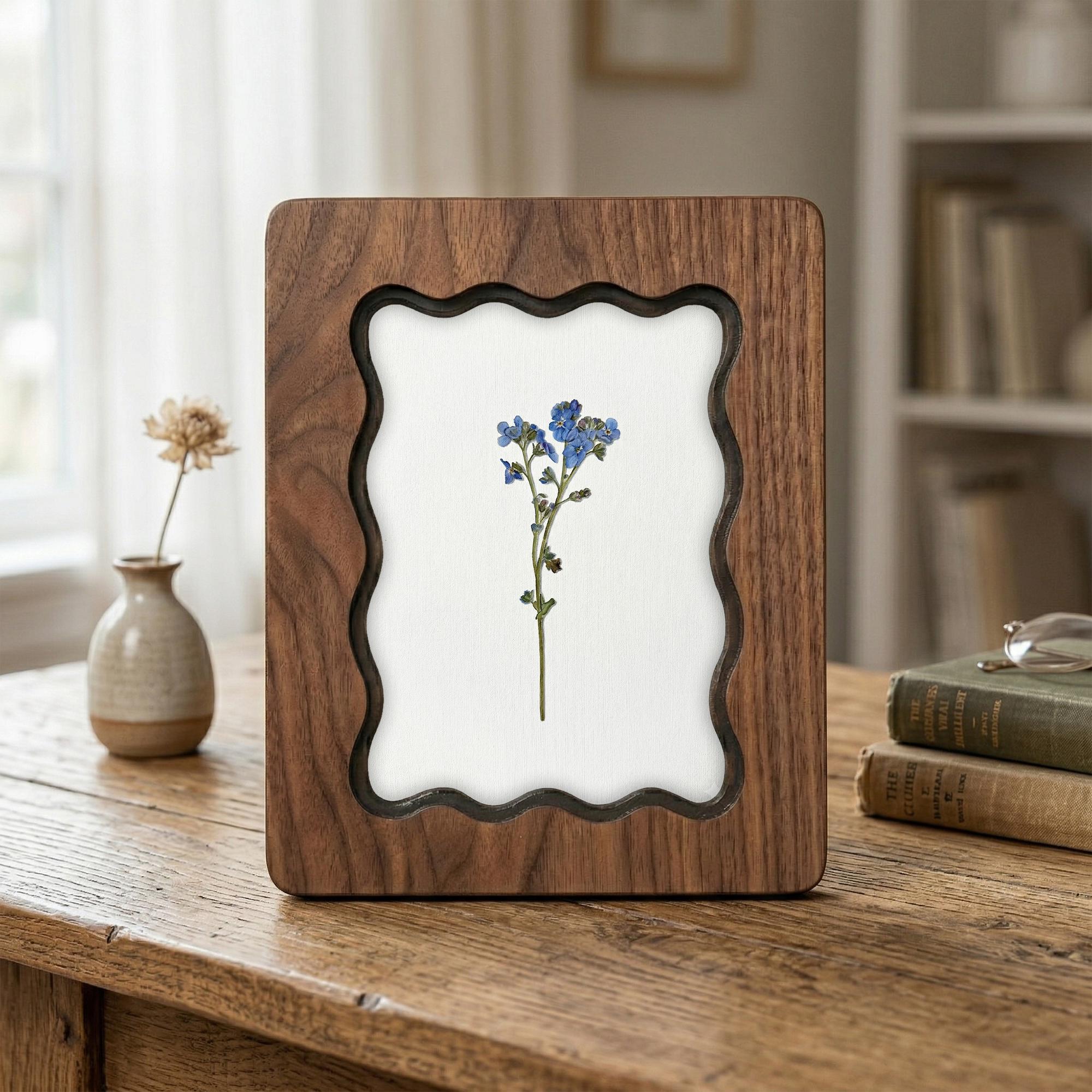 Blue Forget Me Not Pressed Flower Wall Art, Scalloped Walnut Plywood Frame, Botanical Wildflower Home Decor, 3-Layer Wood Floral Artwork