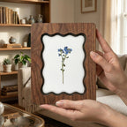 Blue Forget Me Not Pressed Flower Wall Art, Scalloped Walnut Plywood Frame, Botanical Wildflower Home Decor, 3-Layer Wood Floral Artwork