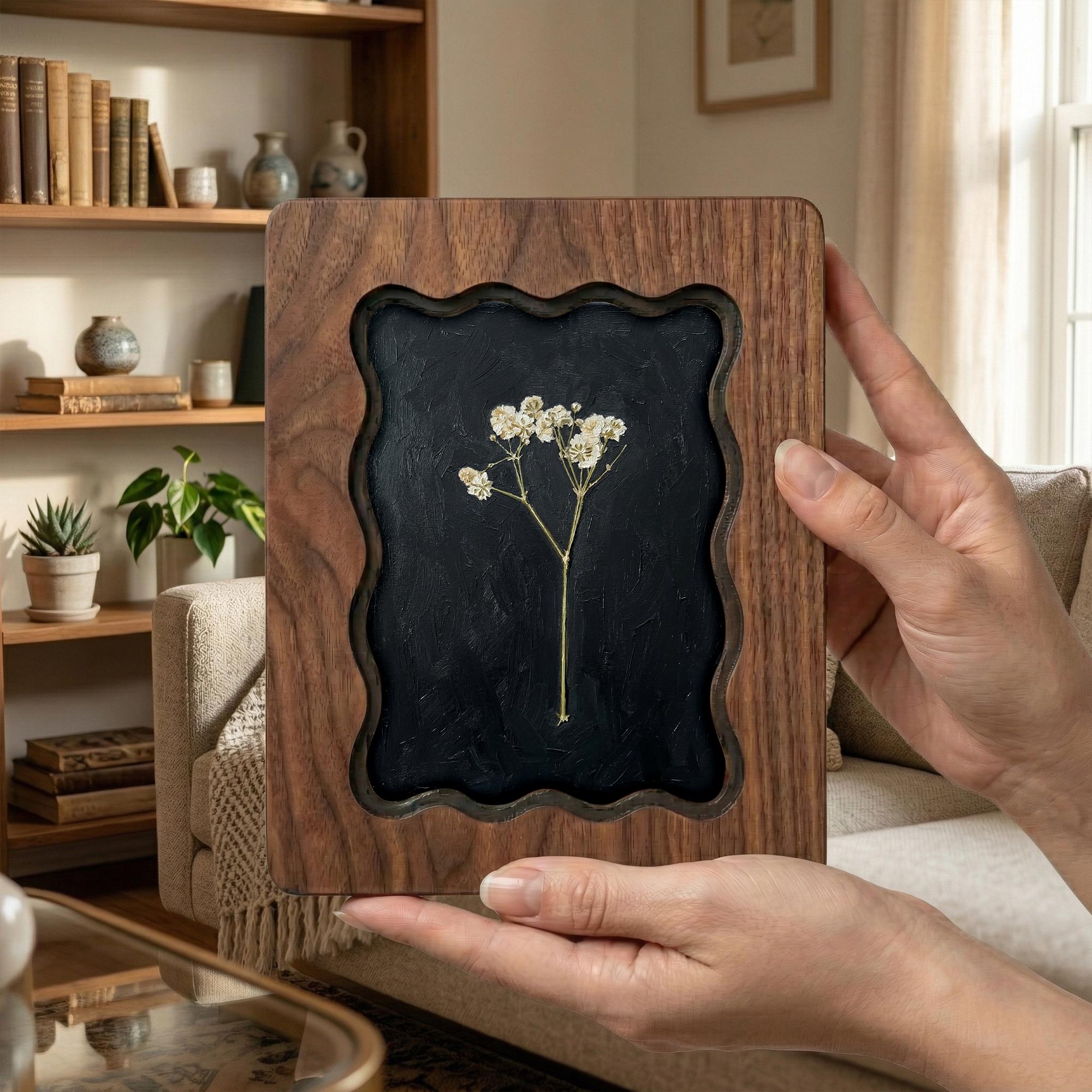 White Baby‘s Breath Pressed Flower Wall Art, Scalloped Walnut Plywood Frame, Moody Dark Botanical Decor, 3-Layer Wood Floral Frame Gift
