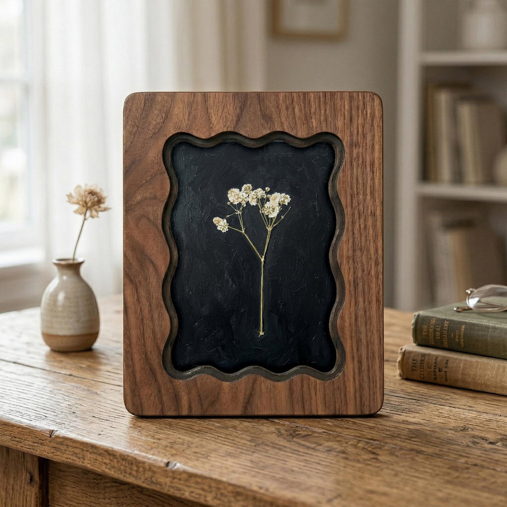 White Baby‘s Breath Pressed Flower Wall Art, Scalloped Walnut Plywood Frame, Moody Dark Botanical Decor, 3-Layer Wood Floral Frame Gift
