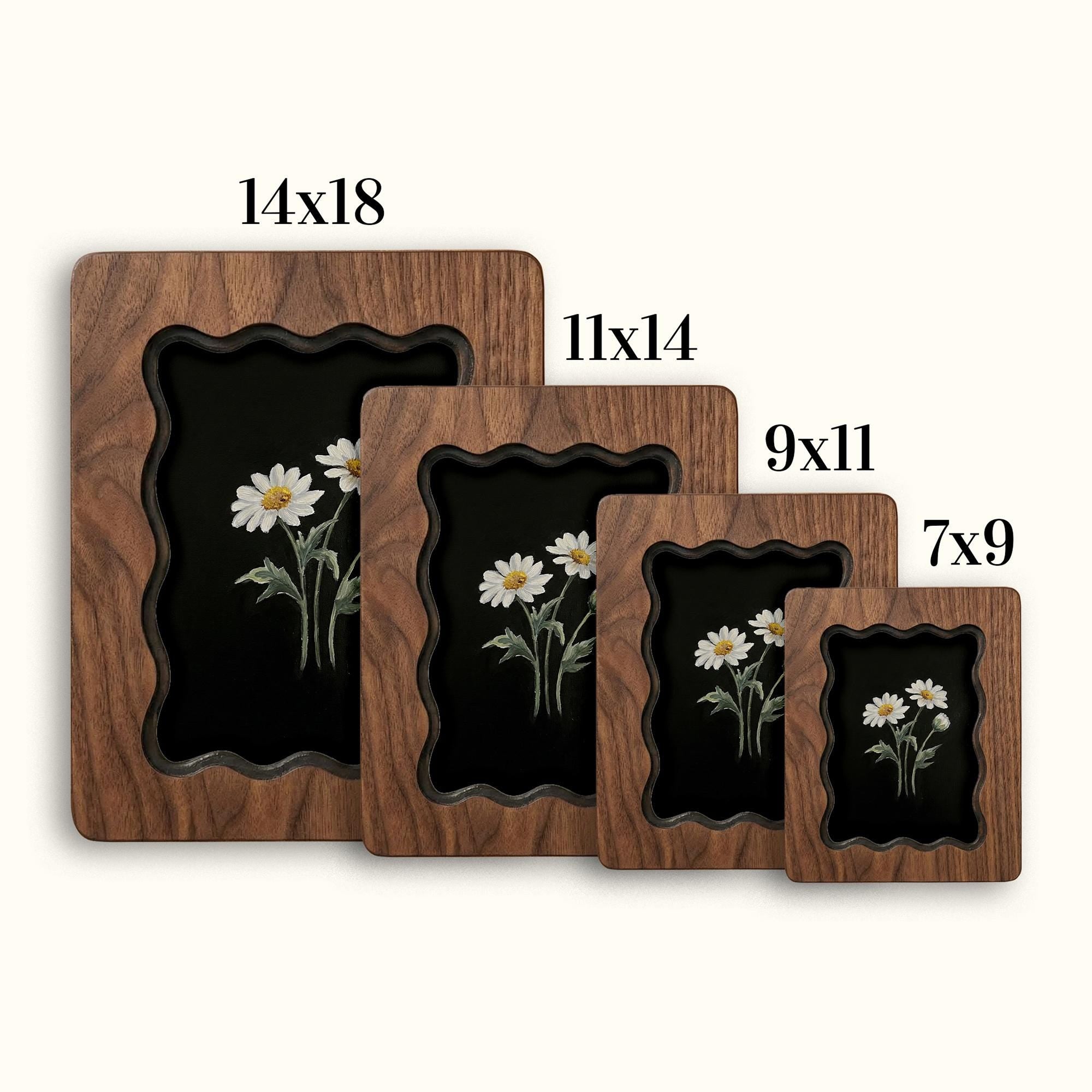 White Daisy Flower Wall Art, Scalloped Walnut Plywood Frame, Dark Moody Botanical Decor, 3-Layer Wood Floral Art, Hand-Drawn Daisy Gift