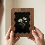 White Daisy Flower Wall Art, Scalloped Walnut Plywood Frame, Dark Moody Botanical Decor, 3-Layer Wood Floral Art, Hand-Drawn Daisy Gift