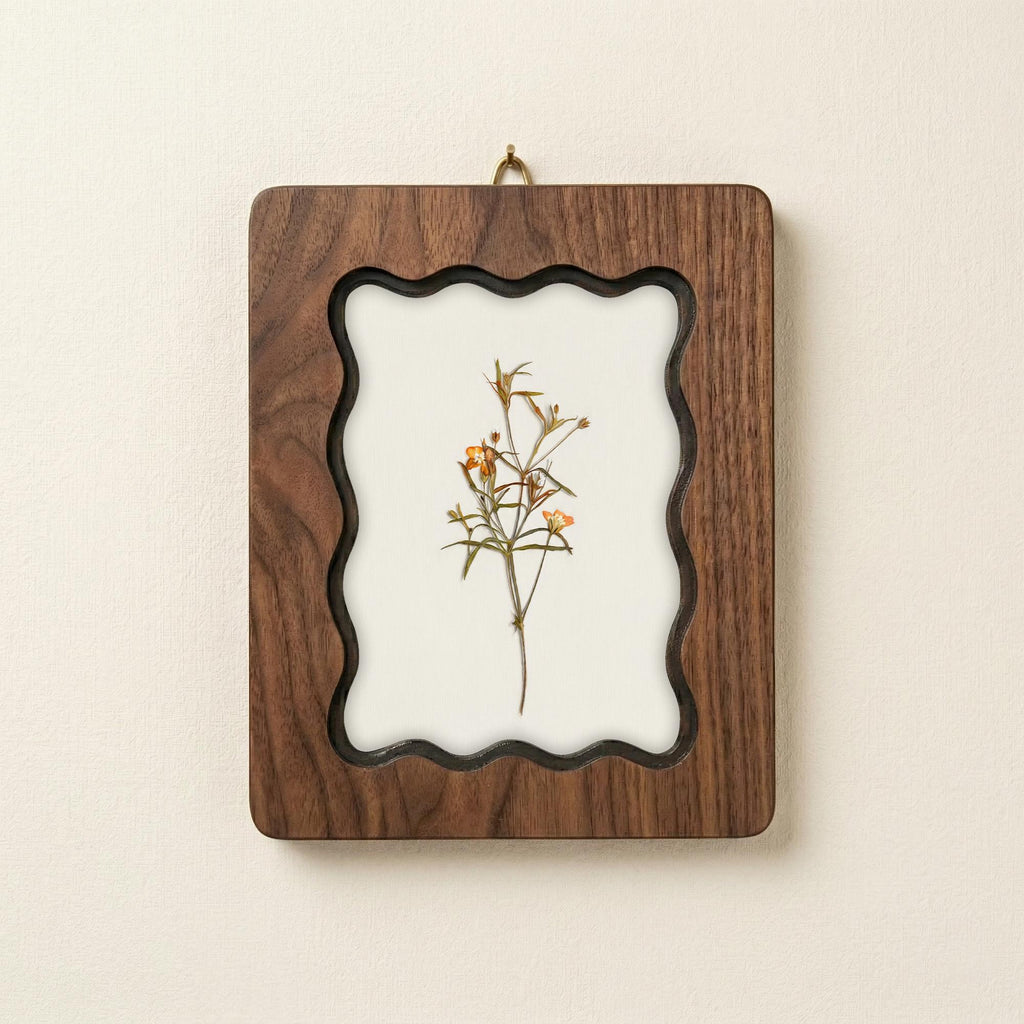 Orange Wildflower Pressed Flower Art, Scalloped Walnut Plywood Frame, Botanical Wall Decor, 3-Layer Wood Floral Artwork, Small Flower Gift