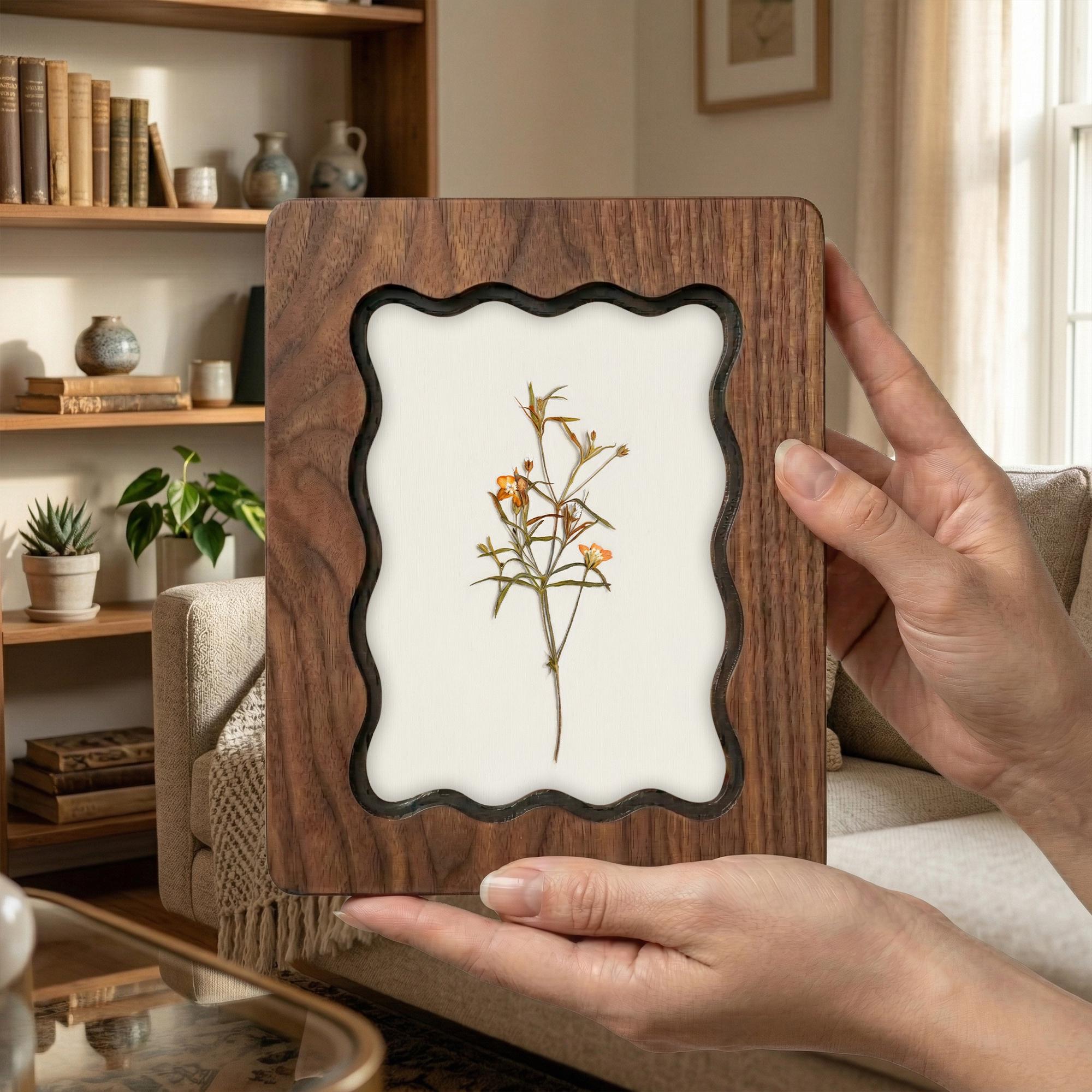 Orange Wildflower Pressed Flower Art, Scalloped Walnut Plywood Frame, Botanical Wall Decor, 3-Layer Wood Floral Artwork, Small Flower Gift