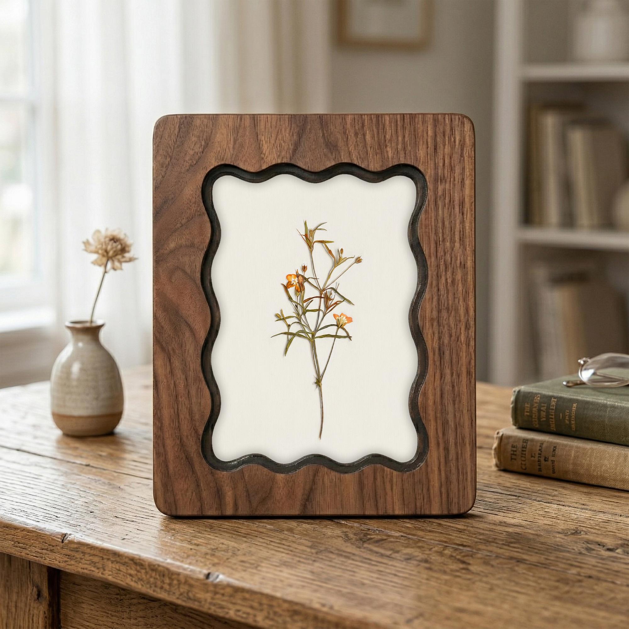 Orange Wildflower Pressed Flower Art, Scalloped Walnut Plywood Frame, Botanical Wall Decor, 3-Layer Wood Floral Artwork, Small Flower Gift