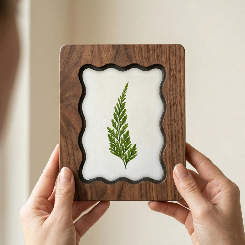 Green Fern Leaf Pressed Wall Art, Scalloped Walnut Plywood Frame, Botanical Fern Home Decor, 3-Layer Wood Foliage Artwork, Nature Lover Gift
