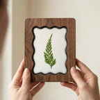 Green Fern Leaf Pressed Wall Art, Scalloped Walnut Plywood Frame, Botanical Fern Home Decor, 3-Layer Wood Foliage Artwork, Nature Lover Gift