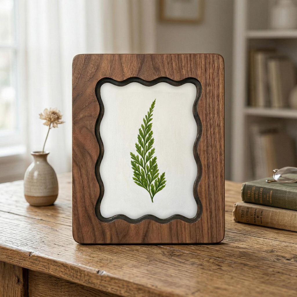Green Fern Leaf Pressed Wall Art, Scalloped Walnut Plywood Frame, Botanical Fern Home Decor, 3-Layer Wood Foliage Artwork, Nature Lover Gift