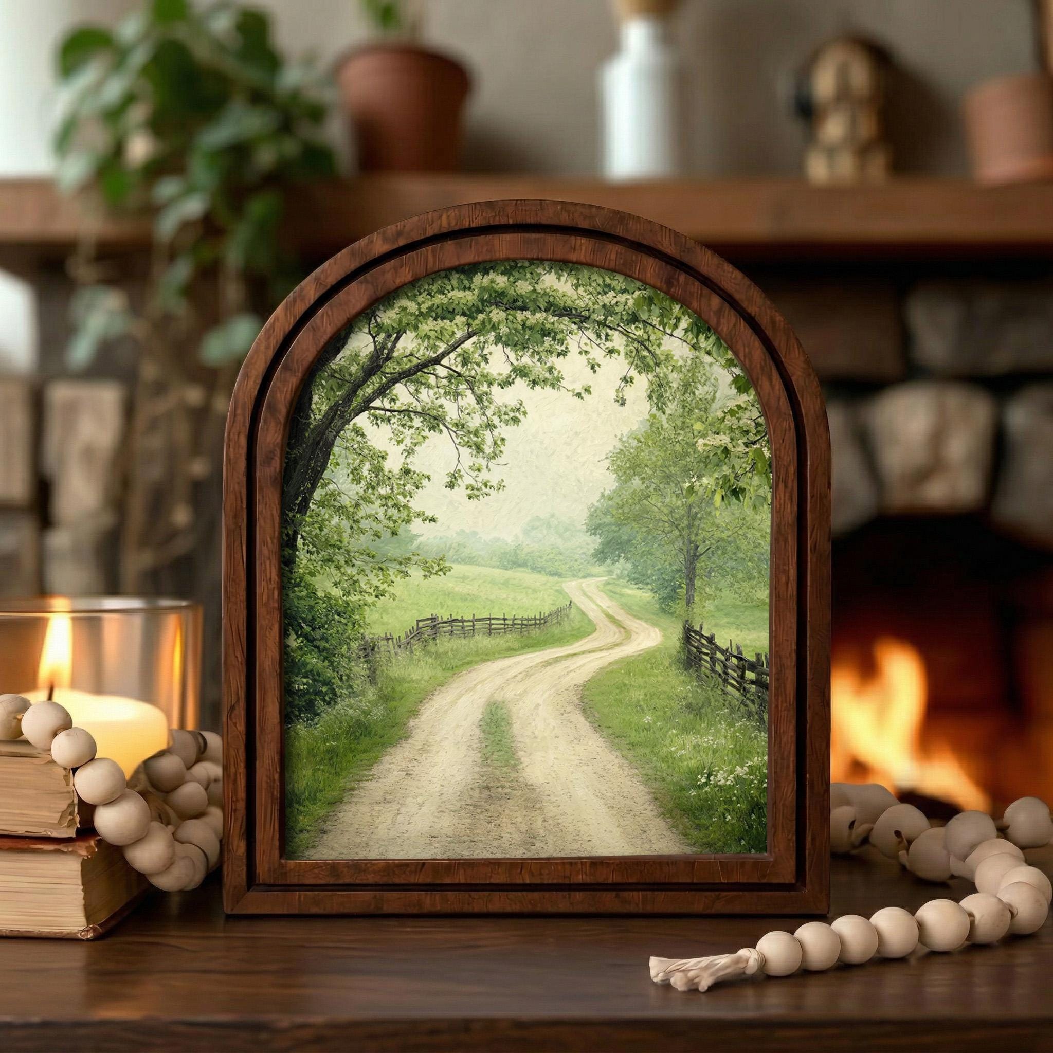 Nature Landscape Art, Farmhouse Wall Art, Country Road Painting, Cottagecore Decor, Rustic Wood Canvas, Scenic Greenery Print, Tabletop Gift