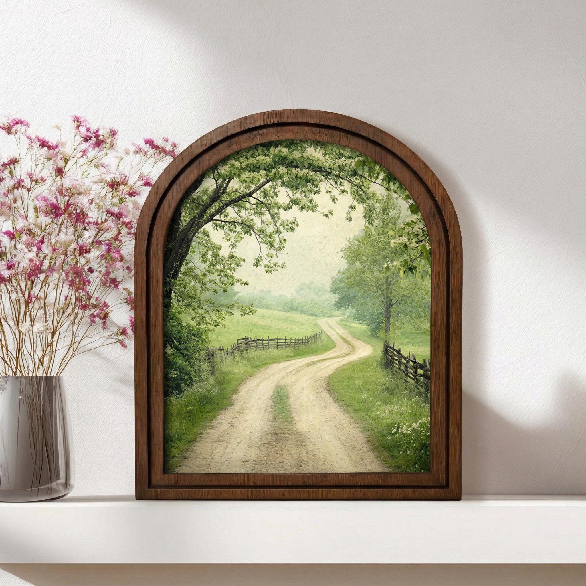 Nature Landscape Art, Farmhouse Wall Art, Country Road Painting, Cottagecore Decor, Rustic Wood Canvas, Scenic Greenery Print, Tabletop Gift