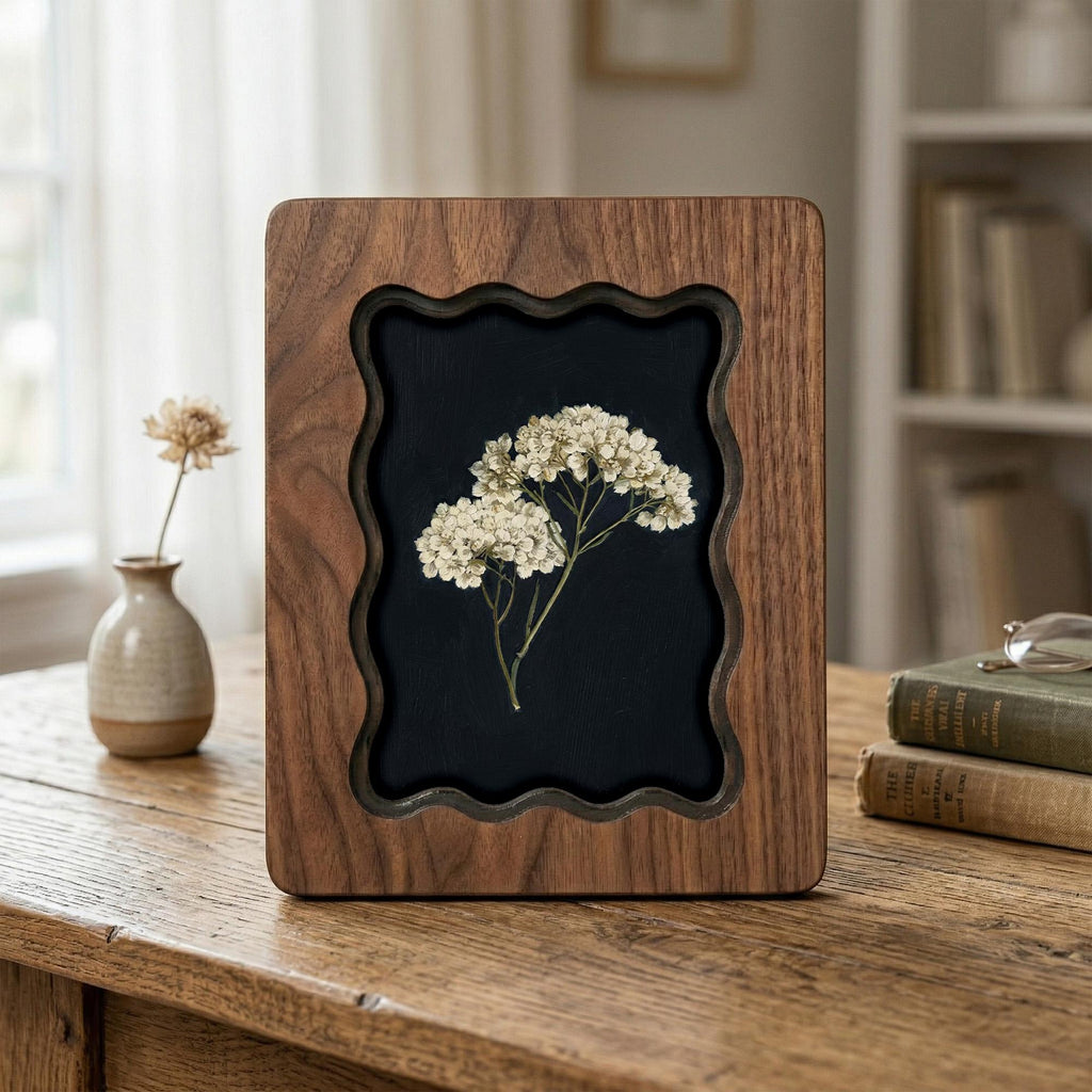 Framed Pressed Flower Wall Art, 3-Layer Plywood Scalloped Wood Frame, Botanical Herbarium Decor, Minimalist Floral Art Print, Gift for Her