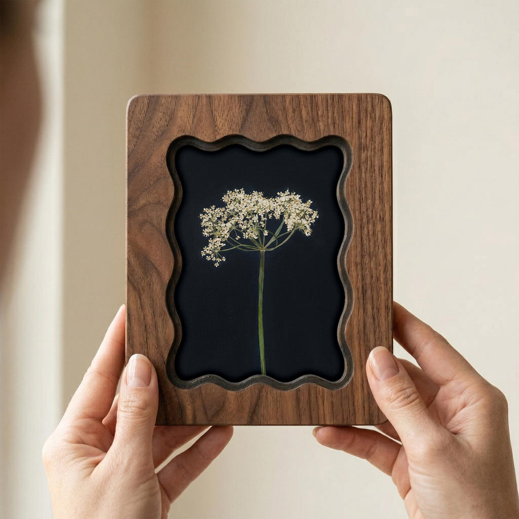 Pressed Flower Art in Scalloped Wood Frame, Botanical Herbarium Wall Decor, 3-Layer Plywood Floral Print, Minimalist Nature Gift for Her