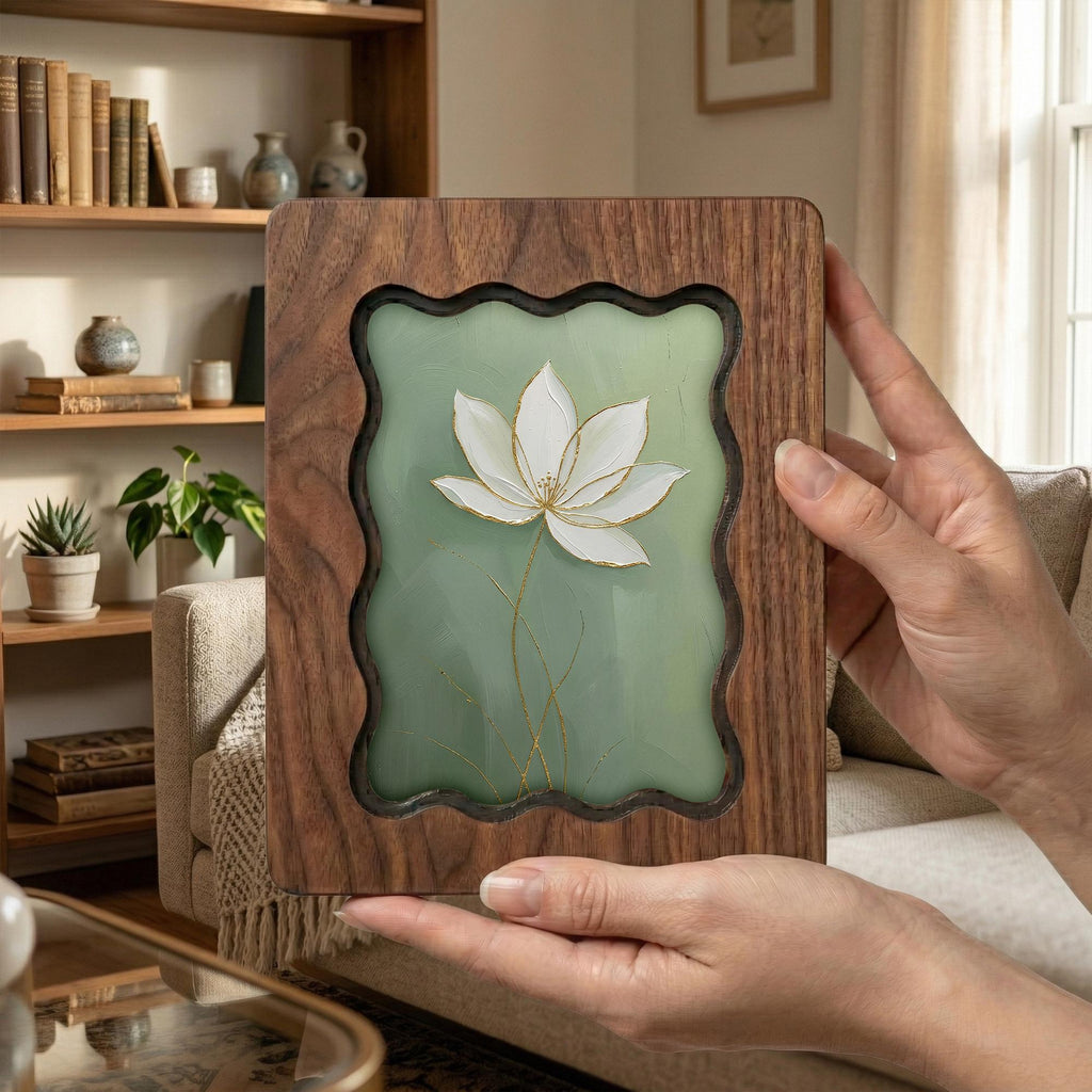 Lotus Flower Wood Wall Art, 3D Layered Plywood Floral Decor, Zen Flower Painting in Scalloped Wooden Frame, Minimalist Botanical Home Gift