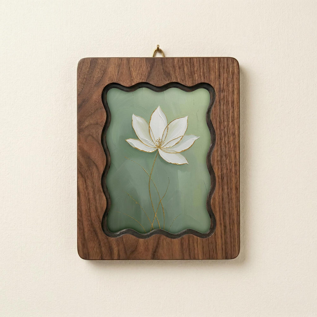 Lotus Flower Wood Wall Art, 3D Layered Plywood Floral Decor, Zen Flower Painting in Scalloped Wooden Frame, Minimalist Botanical Home Gift