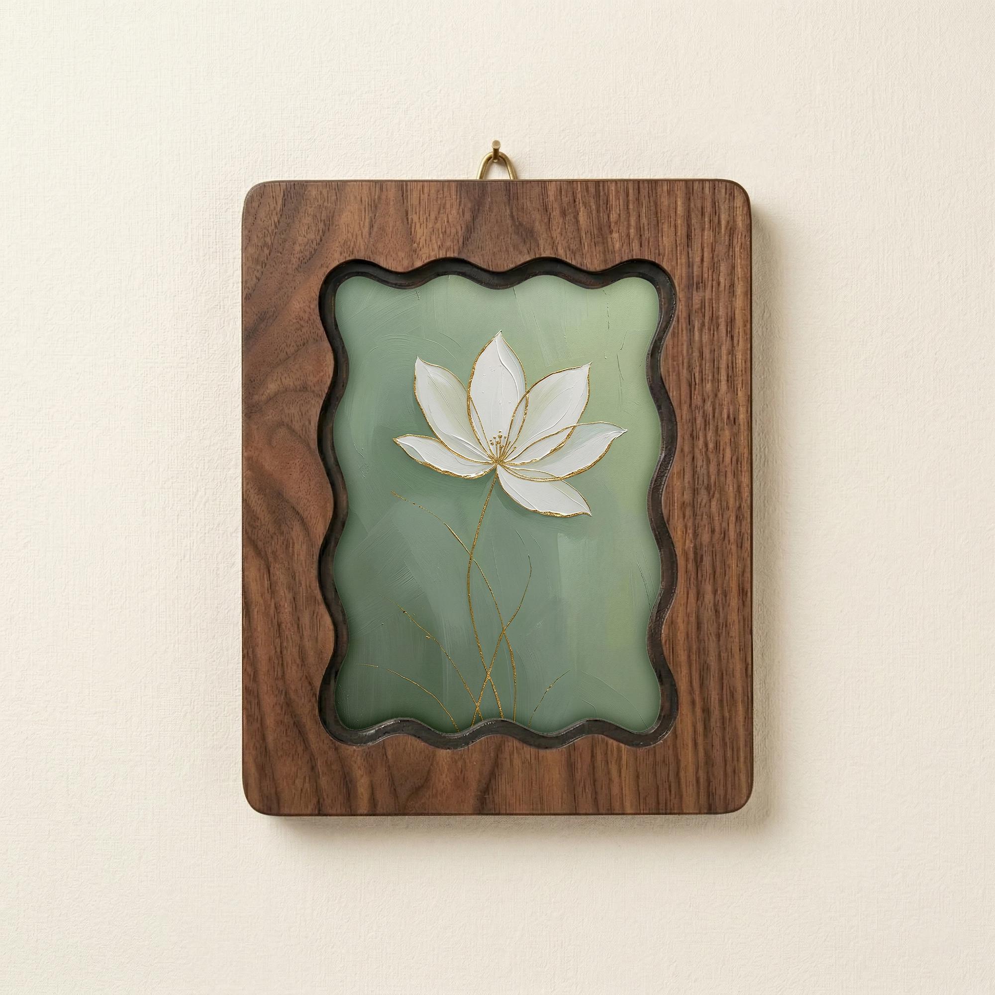 Lotus Flower Wood Wall Art, 3D Layered Plywood Floral Decor, Zen Flower Painting in Scalloped Wooden Frame, Minimalist Botanical Home Gift