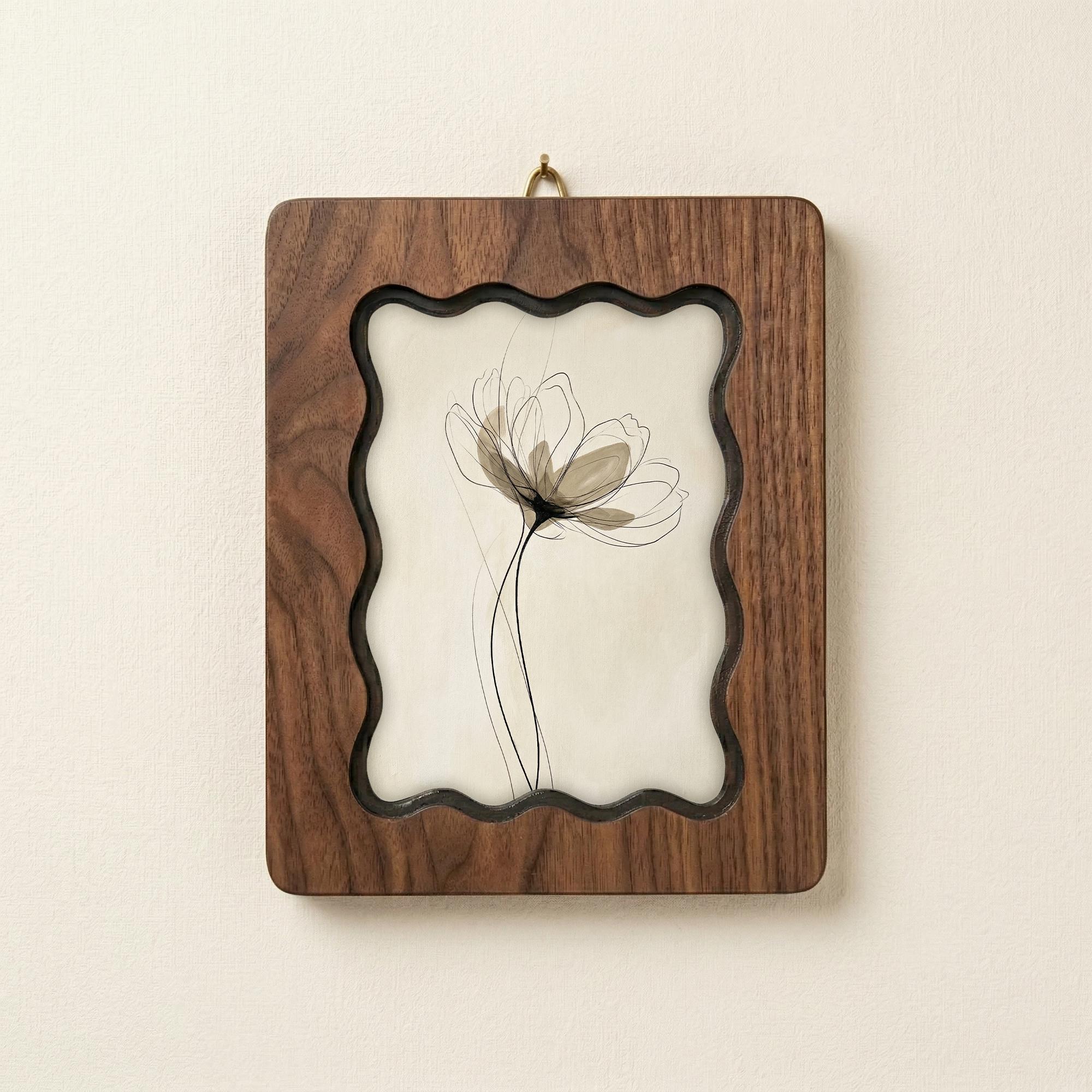 Minimalist Abstract Flower Wood Wall Art, 3D Layered Plywood Floral Decor, Zen X-ray Flower in Scalloped Wooden Frame, Modern Botanical Gift