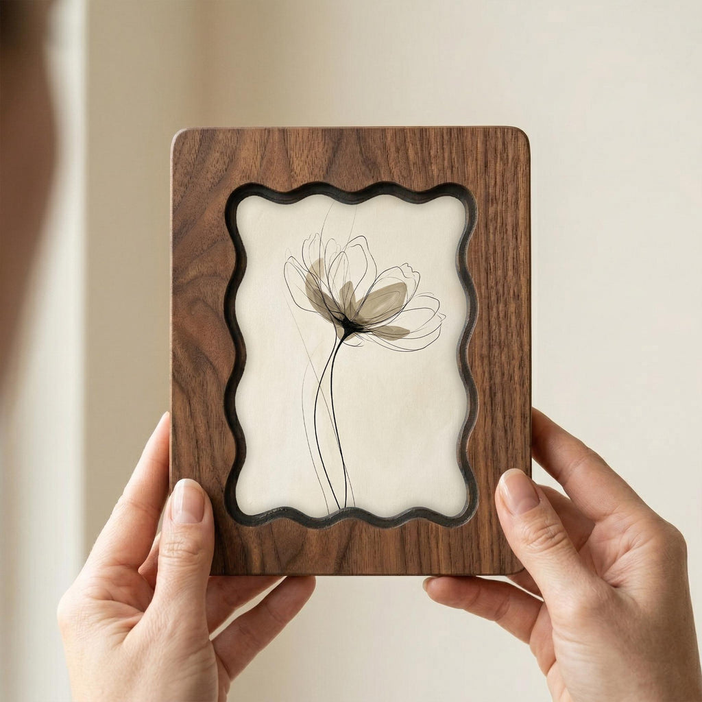 Minimalist Abstract Flower Wood Wall Art, 3D Layered Plywood Floral Decor, Zen X-ray Flower in Scalloped Wooden Frame, Modern Botanical Gift