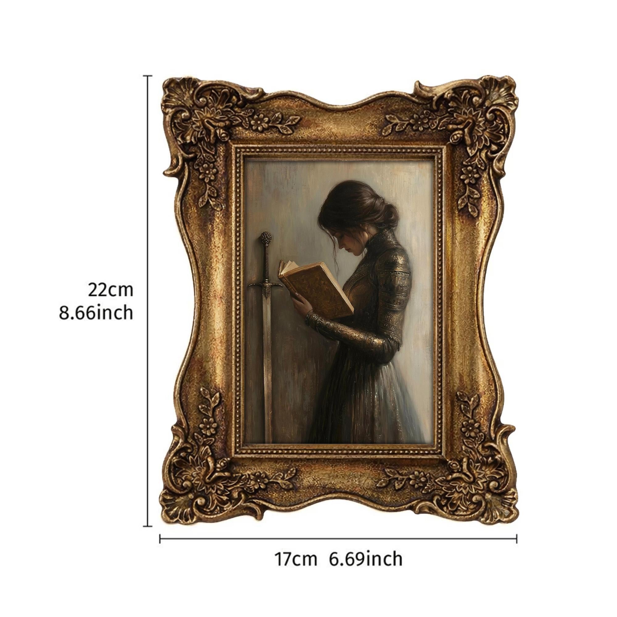 Fantasy Warrior Woman Reading Art, Ornate Gold Framed Dark Academia Decor, Medieval Knight Painting, Premium Resin Frame & Canvas