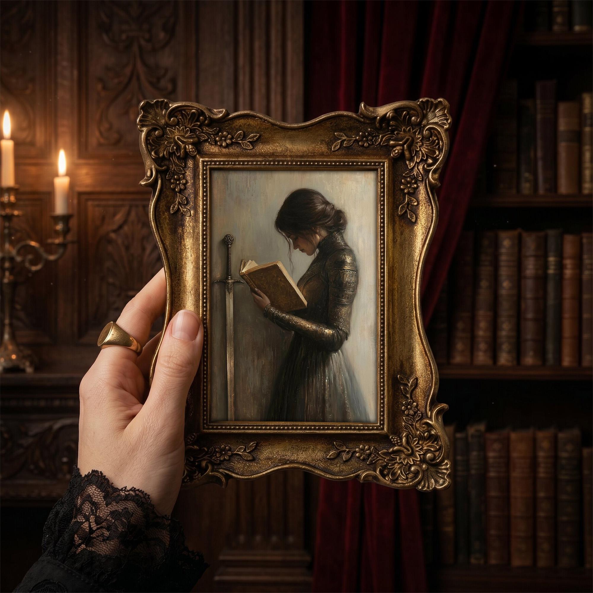 Fantasy Warrior Woman Reading Art, Ornate Gold Framed Dark Academia Decor, Medieval Knight Painting, Premium Resin Frame & Canvas