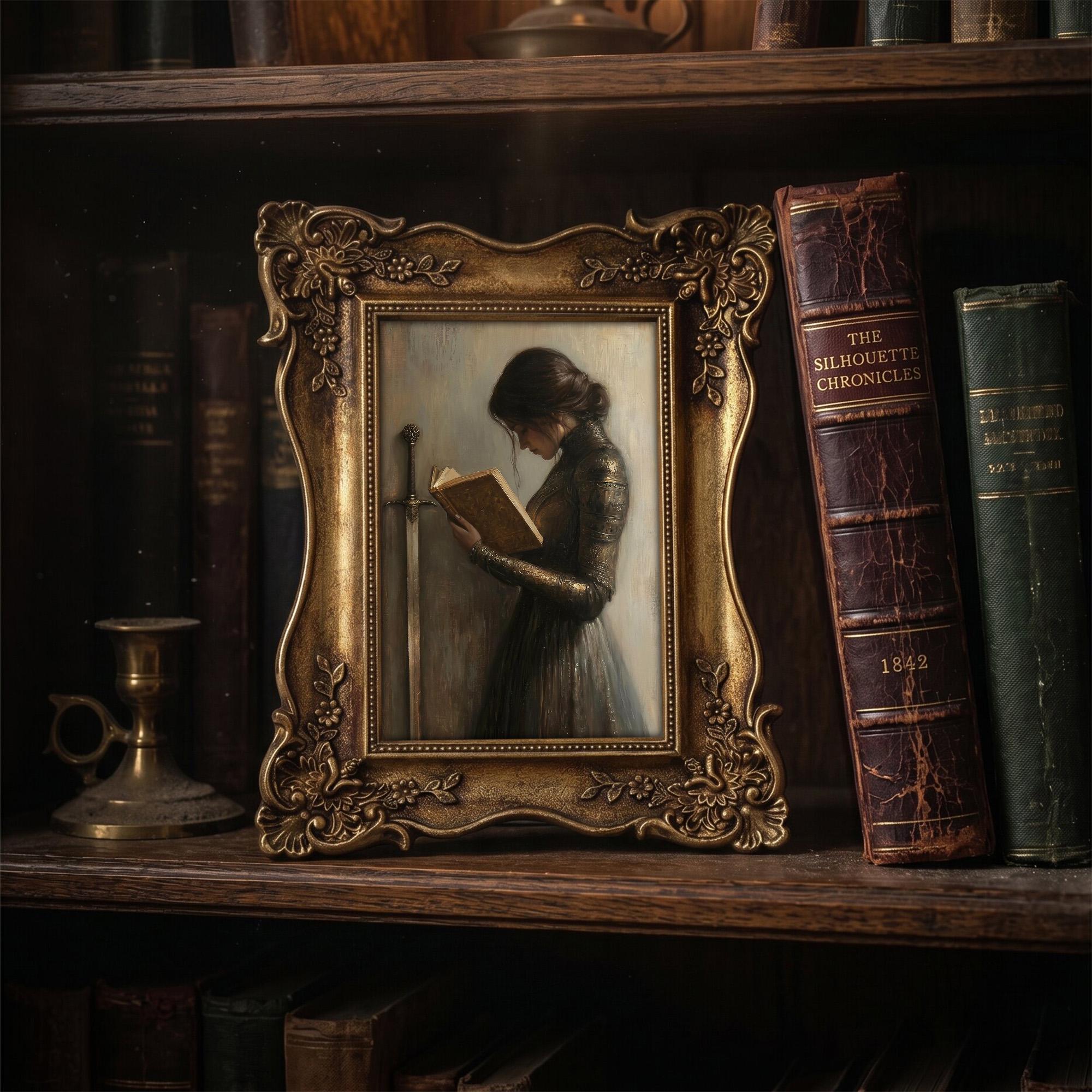 Fantasy Warrior Woman Reading Art, Ornate Gold Framed Dark Academia Decor, Medieval Knight Painting, Premium Resin Frame & Canvas