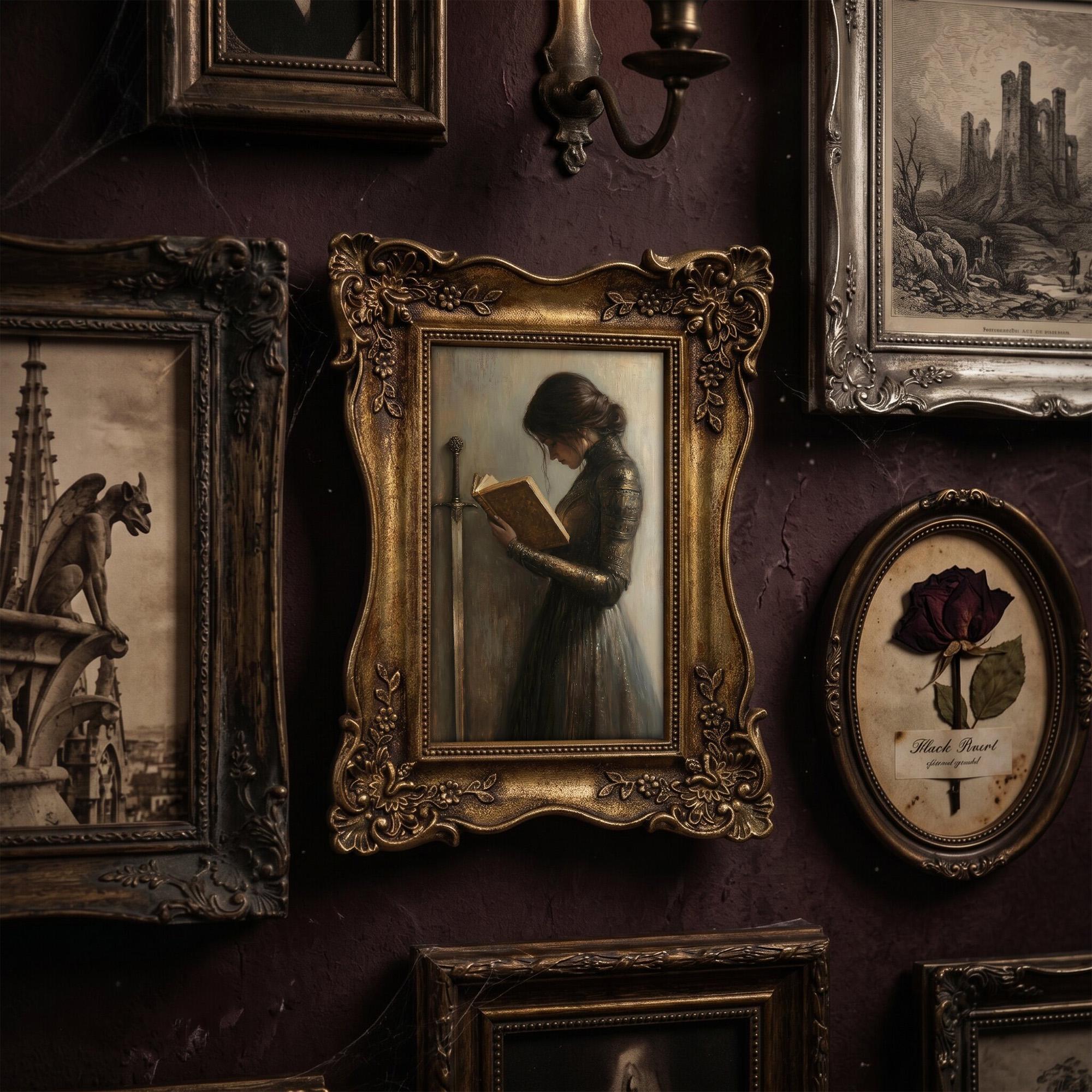 Fantasy Warrior Woman Reading Art, Ornate Gold Framed Dark Academia Decor, Medieval Knight Painting, Premium Resin Frame & Canvas